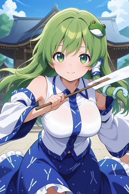 absurdres, highres, masterpiece, best quality, amazing quality, official anime artwork, screencap, anime screencap, outdoors, looking at viewer, light smile, moriya shrine, day, 
<lora:Sanae-Kochiya_Illustrious:1> kochiya sanae, 1girl, solo, green hair, long hair, green eyes,, frog hair ornament, hair tubes, snake hair ornament, collared shirt, white shirt, detached sleeves, wide sleeves, blue skirt, frilled skirt, dynamic pose, gohei,