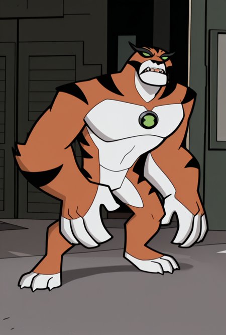 <lora:rath-10:1> rath, furry, 1boy, green eyes, green sclera, solo, no humans, tiger strips , fangs, orange fur, sharp teeth, big arms,   no pupils, big body, black eyebrows,  <lora:Clerks_The_Animated_Series_V2:1> ClerksTAS, masterpiece, best quality, amazing quality, very aesthetic, absurdres, newest,