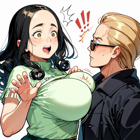 score_9, score_8_up, score_7_up, score_6_up, source_anime, rating_safe, <lora:_sdxl-chichibinta-pony:0.3> (((chichibinta, body turn and tits swinging, slap someone with swinging boobs, tits slap, couple, hetero, duo, from side, head on breasts, head between breasts, motion lines, open mouth, surprised, face to breasts, breast smother, bumping, run into someone breasts))),
BREAK (1girl, (curly hair), long hair, (black hair), mature female, (parted hair:1.7), (round face), (no_bangs:1.3), (no_fringe:1.6), looking at viewer, (thick eyebrows:0.9), (plump, curvy), round-chin, breasts, caucasian, down-turned eyes, (forehead:0.65), <lora:ETO_OCPonyXL:0.5> eto_oc, skindentation, naughty smile, thick thighs, wide hips, petite, busty, voluptuous, :o, surprised, looking at another, ((breasts on another head, slapping with her breasts))),
BREAK (<lora:albertwesker-guy-PONYv1:1> albertwesker, albert wesker, 1boy, blonde, black gloves, sunglasses, belt, pants, long coat, trench coat, black coat, black pants, toned, athletic, fit, slicked back hair, black turtleneck, zipper, mature male, looking at another, ((head on another breasts, being slapped by another breasts, head between another breasts, open mouth, surprised, breast smother, run into someone breasts))),