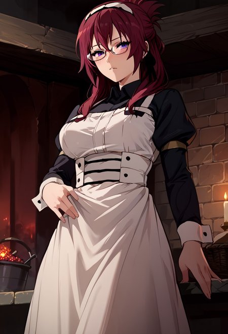 score_9, score_8_up, score_7_up, score_9, score_8_up, score_7_up,Masterpiece,HD,(((HD quality))), (((ultra quality))), hyper ultra detailed, hyper ultra quality,solo,mature female,
<lora:StS_PonyXL_Detail_Slider_v1.4_iteration_3:3>,
Background dungeon, bricks, filth on the walls, anime font,from below, looking at the viewer,indoors,
1girl, detailed, perfect arms, perfect face, perfect hands,alone ,blushed, very blushed,
BREAK
breasts perky,curvy, waist, slim,  perfect anatomy, height, tall,perfect body, 
BREAK
lilya greyrat, purple eyes, red hair, glasses,
long sleeves, dress, pantyhose, apron, maid, maid headdress, maid apron,
,zPDXL3,easynegative