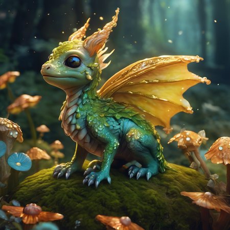 Cinematic, ultra-detailed 8k capture of a cherubic baby dragon nestled amidst a bed of luminescent mushrooms. Its iridescent scales shimmer in the dappled sunlight filtering through ancient, moss-covered trees. Tiny wings flutter with curiosity, while its large, round eyes, filled with wonder, gaze upwards at floating spores that resemble golden fireflies. A gentle curl of smoke rises from its snout, hinting at its fiery lineage, while its playful tail wraps around a nearby crystal, causing it to glow with a soft, magical light. The backdrop is an ethereal, enchanted forest, alive with the whispers of other fantastical creatures, creating a scene straight out of a fairy tale