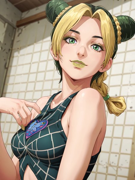 (masterpiece,best quality,newest,absurdres,highres), J0l1ne, 1girl, solo, green eyes, multicolored hair, hair bun, double bun, makeup, green lips, braid, smile, looking at viewer  <lora:Jolyne_Cujoh_IllustriousXL:1>