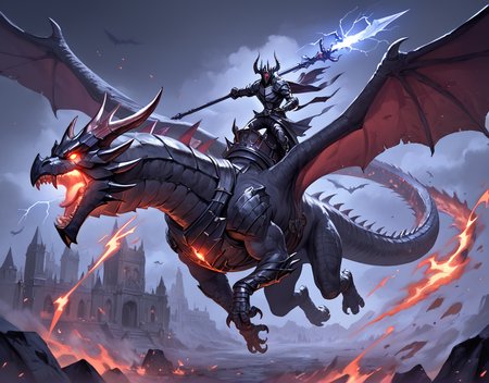 score_9, score_8_up, score_7_up, nighttime, epic image of an armored man riding a huge dragon through a dark sky, flying, lightning, black armor, darkness, horns, horned helmet, dark mood, otherworldly, dark clouds, dark lord, holding staff, glowing eyes <lora:dragonriderpxl:0.8>, dragonriderpxl, motion, action shot, best quality, masterpiece,  vortex in sky, dark magic, anime style,