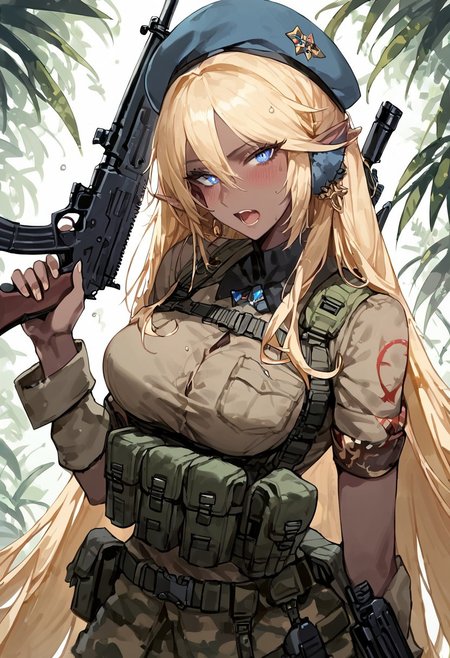 score_9, score_8_up, score_7_up, score_6_up, score_5_up,  <lora:frengXLP:1> freng, 1girl, 
anastasia faizland, 1girl, solo, very long hair, breasts, looking at viewer, blush, open mouth, blue eyes, blonde hair, medium breasts,, long pointy ears,, elf, ak-74u, assault rifle, belt, carbine, earmuffs, looking at viewer, gun, handgun, beret, holding, holding gun, holding weapon, holster, pouch, , rifle, tactical clothes, camouflage uniform, uniform, weapon, Jungle, Jungle camo, detailed eyes、detailed face and detailed skin
BREAK
(score_9, score_8_up, score_7_up), (Masterpiece), (expressive eyes), 1girl, Expressiveh,
Dark Elf, dark skin, pointy ears
<lora:MGE_V5.1:0.5>