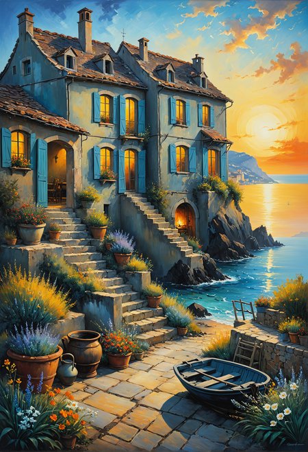 vintage, shabby, morning, dawn, cozy world, Kruskamp, Monge, Kincaid, Potter, Dali, Burton, oil, coal, provence, house by the sea, cozy and beautiful landscape, double composition, drama, tragedy, the core of magic<lora:xl_more_art-full_v1:0.3>