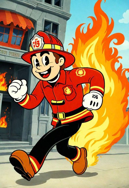 (rubber_hose_character:1.1) <lora:RubberHose_Characters_SDXL_v1:1.3>, cartoon, firefighter running into a burning building