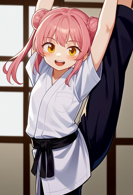 score_9, uncensored, source_anime
BREAK
1girl, solo, looking at viewer, blush, smile, open mouth, twintails, standing, upper body, yellow eyes, pink hair, short sleeves, teeth, barefoot, hair bun, arms up, upper teeth only, double bun, standing on one leg, stretching, split, standing, split, dougi, martial arts belt, karate gi, karate pants, black belt, indoors
<lora:antifreez3_pony_v2:1>