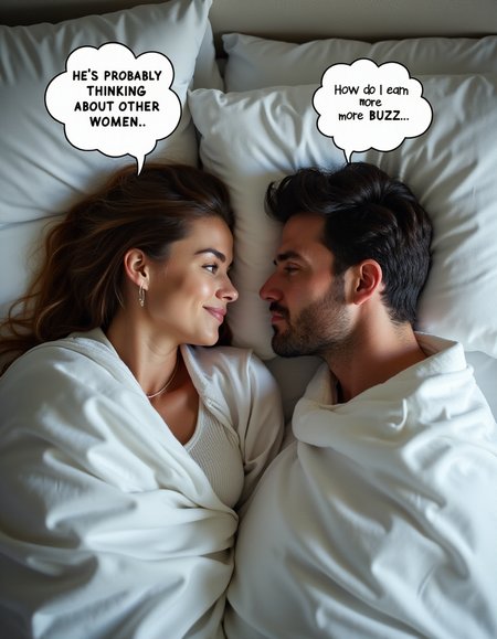 couple, woman and man lying in bed under blankets turned away from each other, seen from above, wearing pajamas , woman turning towards man, speech buble above her head with text "He's probably thinking about other women.", open eyes , speech buble above man's head with text "How do I earn more BUZZ?"