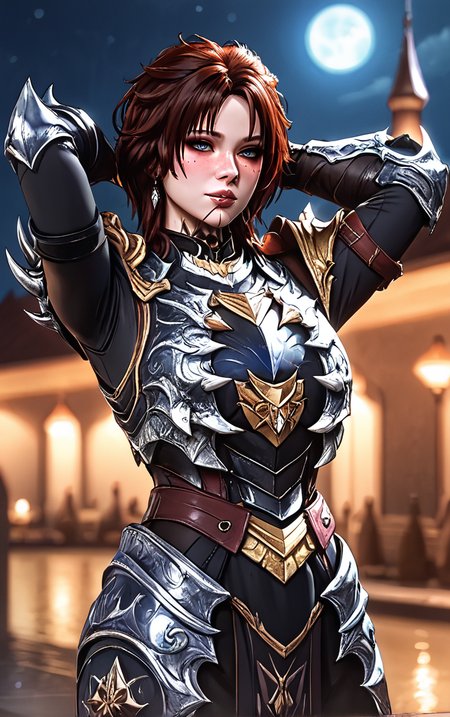 score_9, score_8_up, score_7_up, masterpiece, best quality, absurdres, solo, BREAK
GoldArmor_Evelyn_ownwaifu, 
1girl, black hair, eyelashes, eyeliner, eyeshadow under eye, facial mark, grey eyes, lips, makeup, messy hair, neck tattoo, nose, pale skin, red eyeshadow, short hair, tattoo, brown hair, earrings, jewelry, bangs, freckles,
gold armor, ornate armor, single pauldron, shoulder armor, pauldrons, breastplate, spikes, armor, gauntlets, full armor, gem,
(contrapposto, arms behind head), neon_lights, cityscape, night, pool, full moon, outdoors, <lora:PONYXL_BaldurGate3_Evelyn_ownwaifu:0.9> , depth of field