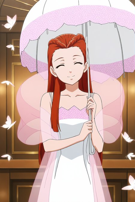 anime screencap,anime coloring,detailed face,masterpiece,best quality,very aesthetic,absurdres,amazing quality,ultra detailed,highres,amazing quality,scenery,beautiful detailed hair,beautiful detailed eyes,official anime artwork,Melissa Foster,1girl,solo,long hair,dress,brown hair,holding umbrella,<lora:Melissa Foster-IL V1:1>,red hair,transparent shawl,butterfly,smile,looking at viewer,^ ^,