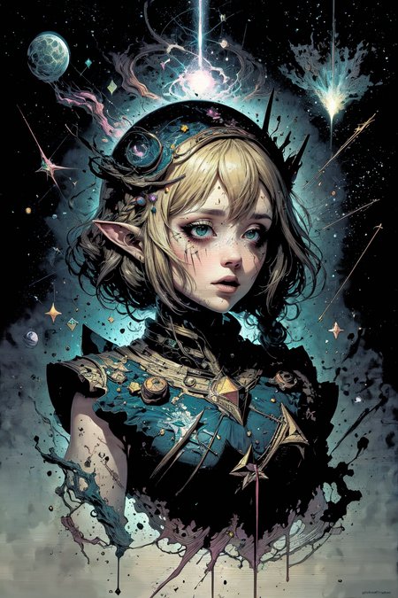 (masterpiece:1), (best quality:1), high contrast, strong shadows, outlines, <lora:graphicNovelStyle_v10:0.2>, <lora:realistic:0.3>, <lora:sharpen-soften:-0.3>,
<lora:GoodHands-beta2:0.8>,
1 girl, adult (elven:0.7) woman,  coral eyes, light blonde fishtail braid, 
Style-GravityMagic,  solo, upper body, looking away, detailed background, detailed face, (<lora:EntropyMagic:0.6>  dissolving,  entropymagic theme:1.1)  living star constellation, zodiac, horoscope, at peace, mysterious, cancer,   patterns, astral , galaxies, bright colorful lights, cosmic light, aura,  metaphysics, enlightenment, floating particles, stardust,  cosmic space background, otherworldly ethereal atmosphere,