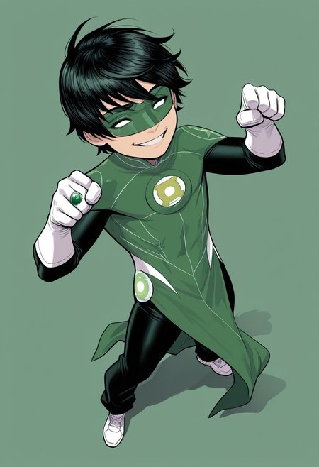masterpiece, absurdres, high quality, perfect anatomy, 1boy, solo, cute boy, male focus, TaiPham, Black Hair, Green Lantern Ring, Green Lantern Costume, Green and Black Bodysuit, Green Domino Mask, White Eyes, White Gloves, Pelvic Curtain, Black Pants, White Shoes, big smile, cinematic, intricately detailed illustration, depth of field, masterpiece, best quality, amazing quality, very aesthetic, absurdres, newest, very awa,  shadow, dynamic angle, casual cosplay, dynamic pose, simple background, green theme