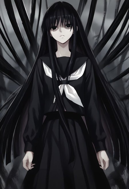 score_9, score_8_up, score_7_up, score_6_up, score_5_up, score_4_up, source_anime, 1girl, solo, 
hagoromo gitsune,shaded face,black eyes,empty eyes,black hair,very long hair, 
black serafuku,pantyhose,black sailor collar,black skirt, 
masterpiece, best quality, very aesthetic, absurdres,