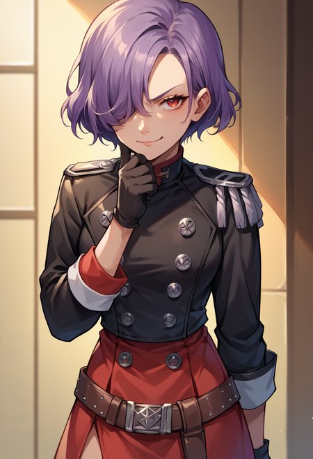 score_9, score_8_up, score_7_up, source_anime, 1girl, solo, erinap5t, short hair, hair over one eye, purple hair, black jacket, epaulets, belt, red skirt, gloves, thinking, smirk, hand on own chin, <lora:zs_ErinaXL:1>