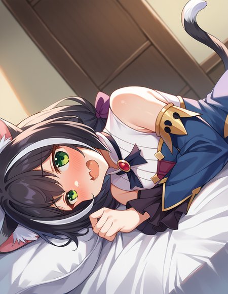 score_9, score_8_up, score_7_up, source_anime,
princessconnectkaryl, <lora:princess-connect-karyl-ponyxl-lora-nochekaiser:1>
karyl, animal ear fluff, animal ears, black hair, black ribbon, cat ears, cat girl, cat tail, fang, green eyes, hair bow, long hair, low twintails, multicolored hair, purple bow, ribbon, skin fang, streaked hair, tail, twintails, vertical stripes, white hair,
arm support, blue sleeves, bow, brooch, detached sleeves, dress, frilled sleeves, frills, multicolored clothes, multicolored dress, neck ribbon, sleeveless, sleeveless dress, striped,
indoors, bed, bed room, on side, blush, drunk,
looking at viewer, dutch angle, cowboy shot