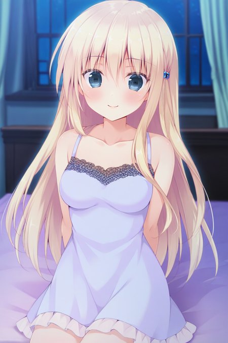 masterpiece,best quality,amazing quality,highres,scenery,newest,1girl,official style,kruger,blonde hair,long hair,blue eyes,hair ornament,deerstalker,hair beads,kruger nightwear,collarbone,dress,hair between eyes,sleeveless,sleeveless dress,<lora:yingyun-kruger-V2:1>,bedroom,bed,looking at viewer,sitting,smile,night,arms behind back,front view,