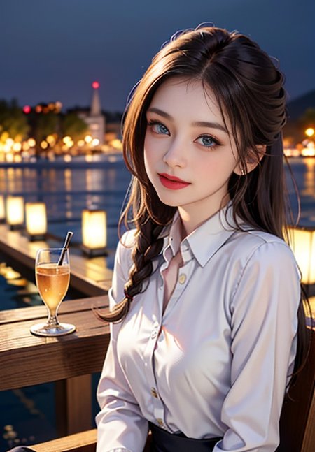 1girl,solo,looking at viewer,playful,small_breasts,slim body,dynamic angle, hires detailed, Playful,daytime,brunette, medium skin, medium breasts, blue eyes, braided hair, business attire,(collared shirt:1.1),white lace, (8k, best quality, masterpiece:1.2), (realistic, photo-realistic:1.37), ultra-detailed,beautiful detailed sky,detailed cafe,night,sitting,dating,(nose blush),(smile:1.15),(closed mouth),beautiful detailed eyes, night, wet, rain