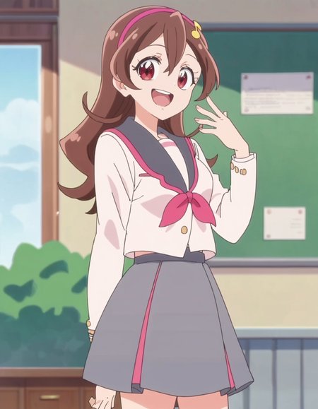 score_9, score_8_up, score_7_up, anime screencap, solo,1girl,sakurauta,school uniform, open mouth, smile,gray skirt,  pink hairband, sailor collar,looking at viewer,cowboy shot,medium breasts,<lora:sakurauta_pony_v2:0.8>