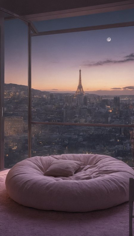 professional 3d model <lora:3vg3nylushp1n:1>,3vg3nylushp1n,architecture,scenery,evgeny,lushpin,building,outdoors,, balcony, bed, blinds, bookshelf, bridge, building, chimney, city, city lights, cityscape, clock, cloud, cloudy sky, gradient sky, house, moon, mountain, night, night sky, no humans, pillow, rooftop, scenery, shooting star, sky, skyline, skyscraper, snow, star \(sky\), starry sky, sunset, tower, tree, twilight, window, a large round bed in a room with a view of the city at night time, with a pink floor pillow, Evgeny Lushpin, dream, a digital rendering, neo-romanticism . octane render, highly detailed, volumetric, dramatic lighting