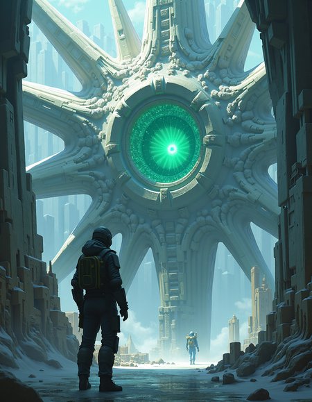 A detailed digital illustration of a futuristic complex resembling a fractal architecture. The foreground is a large field of view, capturing the intricate details of the crystalline structures. The central node is a human-like figure in protective gear, while a smaller structure extends into the distance at the bottom right. The center node has a small green light, surrounded by an array of smaller nodes, a testament to the countless small machines and data streams., imposing, creative, dynamic, sublime