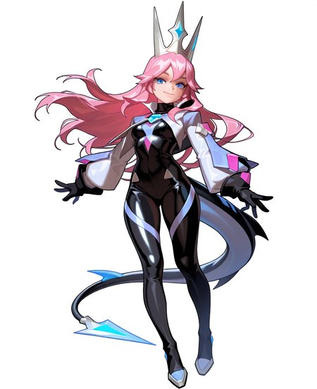 <lora:smashlegends:1> smashlegends,
(masterpiece), (best quality), (ultra-detailed), amazing quality, very aesthetic, illustration, perfect composition, intricate details, absurdres, incredibly absurdres, shiny skin, realistic,
 smashlegends, 1girl, solo, pink hair, blue eyes, tail, full body, smile, bodysuit, gloves, looking at viewer, white background, simple background, closed mouth, black gloves, long hair, crown, long sleeves, general