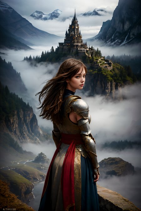 (masterpiece:1.2), best quality, high resolution, 1girl, cute, looking away, adorable girl, cute face, light armor, sash, Majestic Water Castle amidst Foggy Mountains, by Keith Parkinson,