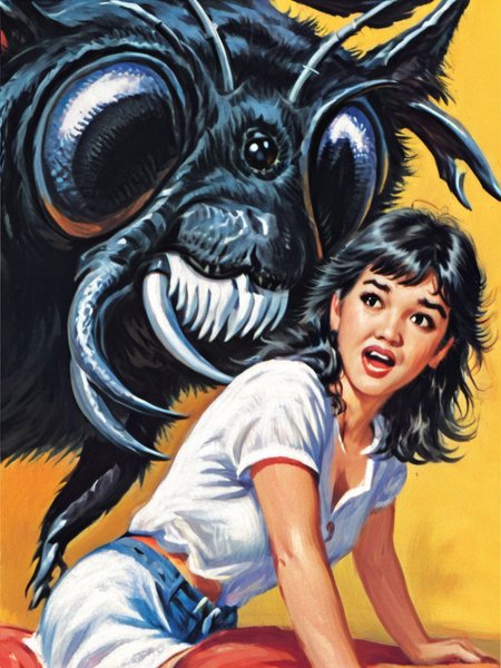 a beautiful solo close-up face portrait of phoebe cates,  with long dark hair
<lora:Mars_Attacks_XL_Topps:1>