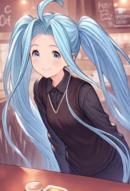 masterpiece, best quality, very aesthetic, absurdres, highly detailed, kyoto animation, 
1girl, solo, smile,
lyria \(granblue fantasy\), very long hair, blue hair, ahoge, blue eyes, twintails, alternate costume, black vest, black shirt, 
cafe,
<lora:Lyria_Granblue_Fantasy_Illustrious-XL:1>   <lora:ProAnimeIXL:0.5>