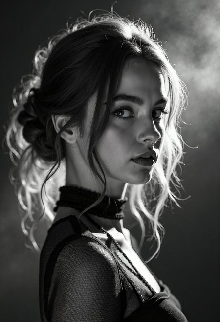 A highly detailed, black-and-white, silhouette, closeup, professional photo portrait of a young woman with a delicate, almost otherworldly beauty. She has fair, porcelain-like skin and striking almond-shaped eyes framed by long, dark lashes that draw attention to her gaze. Se is looking to the left, away from viewer. Her hair is voluminous and styled in an elegant updo, with soft, loose strands falling around her face to soften her features. Her lips are full and slightly parted, lending a subtle, sultry allure to her expression. She wears a form-fitting, high-necked top made of delicate, fishnet fabric, which accentuates her slender physique and adds a touch of subtle sensuality. The background is pitch black, with smoke behind the woman, creating a dramatic contrast with her light skin and hair, drawing the viewerâs focus entirely onto her. The lighting, hitting only one side of her face, is hard in chiaroscuro style, giving depth to her features and an air of mystery. The overall style blends gothic and fantasy influences, with a strong emphasis on realism and a refined sense of elegance and enigma.