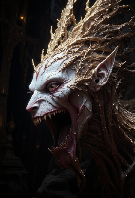 the Mokosh is an ancient drow and mythical female creature. She has long, sharp fangs for teeth and many spikes protruding from its head as it stares at the viewer with old soulless eyes, Her skin is white, engraved stone where every grove tells a story. It is snarling menacingly at the viewer, demanding respect and loyalty. Closeup head portrait, hyperdetailed, 8k resolution concept art, WLOP, Moebius, H.R. Giger, Royo, muddy, dark colors, minimal lighting, hyperrealism, digital illustration, intricate,( vapor:0.9), dorian cleavenger, brom, hyperrealism, digital illustration, horror, dark environment, (&:0)t  (photography, high-resolution, dynamic, energetic,hyper-realistic, dramatic lighting, shallow depth of field.)