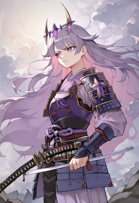 score_9, score_8_up, score_7_up, hadrian, source_anime, 1girl, boulders in back ground, stones, pepples, <lora:ChamKosekiBijouPonyXL:0.8> KosekiBijou, long hair, hair flaps, floating headpiece,  <lora:samurai_armor_pony:1.1> samurai, purple clothes, holding katana, serious