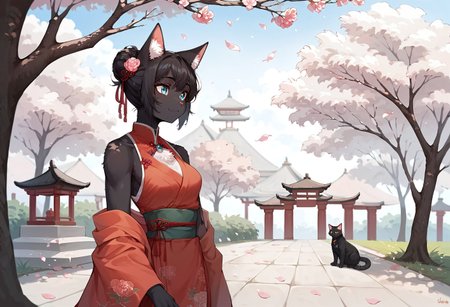 score_9,score_8_up,score_7_up,score_6_up,score_5_up,score_4_up, 

 source_anime, masami, black fur, catgirl, 1girl, solo,  black hair,

hair_ornament, dress, ribbon,  bare_shoulders, jewelry, closed_mouth,  upper_body, flower, outdoors, japanese_clothes, sky, sleeveless, day, cat_ears, kimono, off_shoulder, hair_bun, red_ribbon, tree, blue_sky,  sash, petals, :3, small smile,  sleeveless_dress,  chinese_clothes, single_hair_bun,  cherry_blossoms,  architecture, east_asian_architecture,