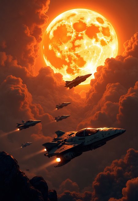 best quality, masterpiece, squadron of small military spacecraft, a supermassive dull sun in the background, cinematic, dynamic photorealistic image, High Definition HD, High Detail, Perfect Composition