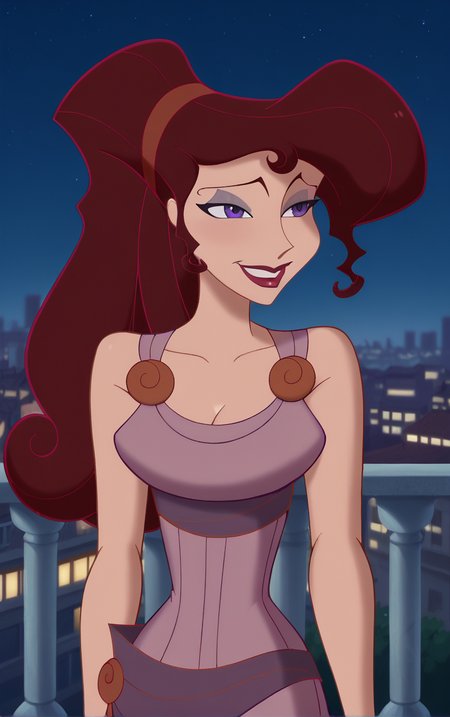 score_9, score_8_up, score_7_up, BREAK
MainOutfit_Megara_ownwaifu, 
1girl, big hair, breasts, curly hair, eyelashes, hair bun, high ponytail, long hair, makeup, narrow waist, purple eyes, purple eyeshadow, red hair, red hairband, red lips, lipstick, medium breasts, dark skin, dark-skinned female, hair over one eye, collarbone, 
purple dress, sleeveless dress, cleavage, clothes around waist, sleeveless, bare shoulders, long dress,
(standing, arm_support), railing, cityscape, night, city, city lights, scenery, starry sky, vanishing point, outdoors, <lora:PONYXL_Hercules_Megara_ownwaifu:1> , depth of field, solo,