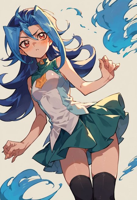 score_9, score_8_up, score_7_up, uncensored, source_anime, 
1girl, blue hair, multicolored hair, dyed bangs, riouni, sleeveless, sleeveless shirt, green skirt, black thighhighs