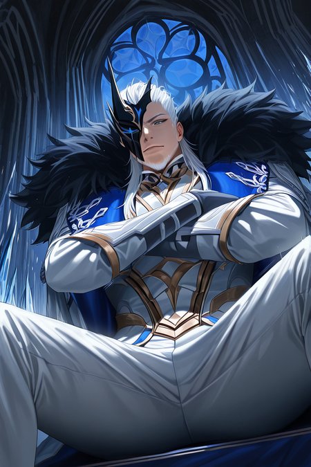 realistic shading, dark environment, dim lighting, expressive face, looking at viewer, pierrogi, white_pierrogi_facial hair, white_pierrogi_long hair, black-blue-gold_pierrogi_one eye mask, blue_pierrogi_eyes, manly, 1boy, naughty face, closed mouth, serious, shiny skin, wet, leaning against ice-wall, crossed arms, sitting, legs apart, fur-trimmed coat, white armor, gloves, white pants, imposing, dark ice-palace interior, from below, dutch angle, dynamic angle, motion lines, fidgetting, intricately detailed illustration, masterpiece, best quality, amazing quality, very aesthetic, absurdres, newest