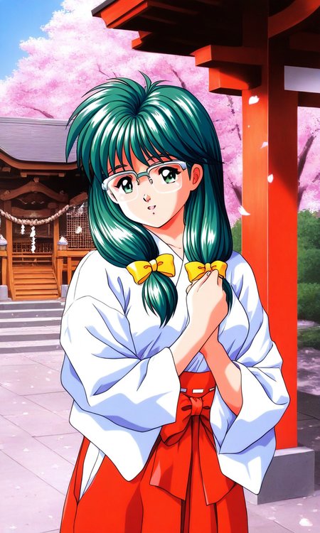 general,highres, ultra-detailed,very aesthetic,best quality ,best hands, BREAK <lora:Kisaragi_Mio_Tokimeki_Memorial_Ver2.0_IS:1>
Kisaragi_Mio(Tokimeki_Memorial), 1girl, solo, green hair, long hair, green eyes, hair over shoulder, twintail, Yellow bow, hair bow, low-tied long hair, medium breasts, 
over-rim eyewear,
japanese white clothes, miko, red hakama, shrine, cherry blossom,