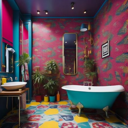 <lyco:kitsch_style_interior_design_Sa_May:1.0> kitsch  style interior design  of bathroom multicolor