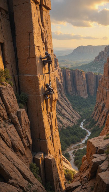 crayon,glow, A lone figure, clad in a synthesis of frontier garb and futuristic armor, ascends a precipitous, ochre-tinged cliff face. The individual, seemingly unburdened by the weight of a deactivated humanoid automaton dangling precariously from one hand, exemplifies an audacious struggle against gravity.  Capture this breathtaking tableau with a virtuoso dynamic three-quarter shot, emphasizing the raking light of the waning sun as it kisses the rugged peaks in the distance and casts long, dramatic shadows across the chasm. The palette should be dominated by warm, earthy hues, punctuated by the cool blues and greys of the automaton.  Enhance the scene by capturing the fine, wind-whipped dust particles dancing in the golden light, and the subtle tremble in the climber's muscles as they strain against the unforgiving rock.  The background should hint at a vast, desolate expanse, a testament to the unforgiving beauty of this alien frontier.