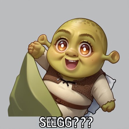 score_9, score_8_up, score_7_up, source_anime, Seggs, chibi, open mouth, smile, english text, <lora:Seggs_XLPD:1.1>, <lora:Shrek_XLPD:1> shrek, green skin