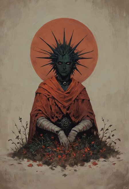 ((score_9, score_8_up, score_7_up)), (full-length character design, assassin woman holding a severed demonic head, bloodstains), modern-style colour illustration, bold & powerful, lifelike art, cultist girl, evil & dark robes, detailed setting, sitting in a woodland grove, exploring the surroundings, deep and colourful background, dark and moody lighting, green and blue and brown, light hair but dark eyebrows, half-obscured face, ceremonial facepaint and bodypaint, e-girl makeup, black choker, flirting, teasing, different poses, inset reaction shot, rich & seductive, freckles, reaction frame, erotic aesthetics