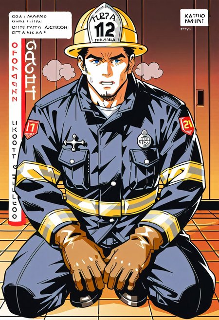safe_pos, (Aaaild, Aaadjd, manga cover, magazine cover, text) source_anime, safe_pos, perfect anatomy, perfect proportions, best quality, masterpiece, high_resolution, high quality, (solo focus, male focus, male only, bara, gay, homo, mature, masculine, manly, virile, macho, hunky, rugged, middle-age, daddy, dilf, handsome), alluring, seductive, heroic, serious, grim, stern, unsociability, bluntness, gruffness, naughty face, moaning, dazed, looking away, focusing gaze, BREAK (mature man, blue eyes, brown hair, unkept facial hair), BREAK (EPFireFighter, wearing EPFireFighter, jacket, black jacket, pants, black pants, helmet, yellow headwear, gloves, brown gloves), BREAK sitting on floor, lying on back, relaxed pose, leaning slightly, one knee bent upward, legs spread, hand supporting head, contemplative expression, horny, kinky, domination, heavy breathing, enticed, excessively sweaty shiny skin, shading, countershading, indoors, locker room, dark atmosphere, 