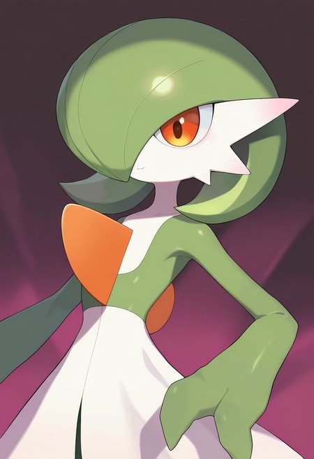 masterpiece,best quality,absurdres, amazing quality, hi res, masterpiece, best quality, detailed, amazing quality, detailed face, detailed eyes, clean eyes, best quality, highres, very aesthetic, newest, ultra-detailed, (best quality:1.1),ultra-detailed, high resolution, super detailed skin, beautiful detailed eyes, Brightly Lit, Highly Visible, 8k, sharp focus, beautiful, perfect lighting, beautiful eyes, anatomically correct, anatomically correct face, extremely detailed eyes, smooth edges, beautiful face, symmetrical eyes, symmetrical face, 
BREAK MNSTRBLL_ST, CSLBGM_ST, MXSTL_IL, CUTNS_STL, KWAI_ST, 1girl, (green hair:1.3), green skin , hair over one eye, multicolored skin, pokemon \(creature\), orange eyes, short hair, two-tone skin, white skin, ,,gardevoir