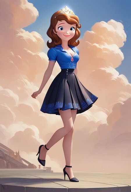 princess Sofia,brown hair,blue eyes,score_up_8, score_up_9, 1girl, solo, medium breasts, 18 years old, sky blue shirt,black skirt, miniskirt, pleated skirt, cleavage, provocative, seducatuve smile, high heels, high quality, 8k,best quality, HD, masterpiece,