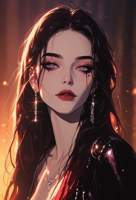 masterpiece,best quality, highly detailed, score_9, score_8_up, score_7_up, score_6_up, source_cartoon,
 BREAK
1MILF, slim waist, large natural breasts with slight sagging, braless, pale skin, bold makeup (dark red lips, smoky eyes, defined cheekbones), long black hair, straight strands, tight leather dress, high heels, confident expression, looking at viewer with a piercing gaze, extreme close-up on face and upper body, nightclub setting, neon lighting, rich details, soft shadows, intense focus, raw power dynamics
 BREAK
dynamic light, warm_light, vibrant colors warm_colors, soft focus, high contrast, textured surfaces, depth of field, golden hour lighting, dramatic shadows, rich details, nature-inspired color palette, playful composition.