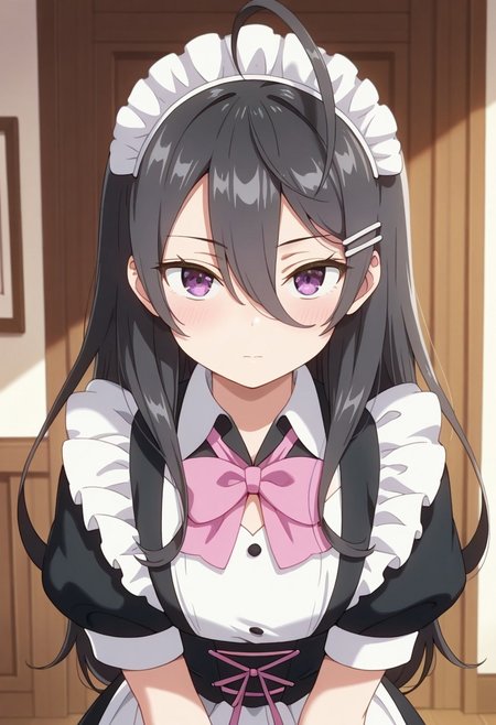 masterpiece,best quality,amazing quality, ayano kimishima, long hair, black hair, hair between eyes, purple eyes, 1girl, solo, maid headdress, ahoge, maid, hair ornament, hairclip, looking at viewer, bow, short sleeves, pink bowtie,