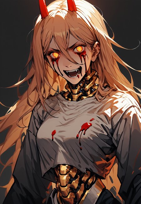 safe_pos, safe_pos, score_9, score_8_up, score_7_up, score_6_up, score_5_up, score_4_up, 1girl, solo, girl, p0w3r0x1, long hair, blonde hair, red horns,demon pupils, looking at viewer, angry, torn white top with blood, Abandoned building, highly detailed,  1girl, big breasts, tall, android girl,   simple background, (slit pupils:0.7), (carbon fiber:1.3), yellow heon shine eyes, laughing, horror, looking at looking at viewer, <lora:ArmorPunkV4:1> arm0rpunkv4, (mechanical torso, mechanical spine:1.4), portrait, blood on hands, maniac face, crazy look, psycho, scarlet neon splashes, runs finger along her neck, many blood, bloody tears, stardeaf-splashpunk, dark aura, horrorcctvlora