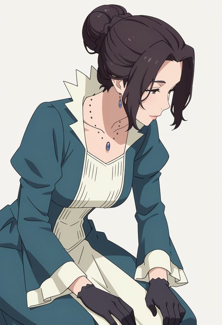 Smooth Quality,masterpiece,very intricate, high quality details, ultra realistic, high detailed skin,detailed enviorement,absurdres,
simple background, white background,
kneeling, hands on thighs, head slightly tilted, neutral expression, focused gaze,  ,from side,
 <lora:Blumund_Queen_cnn:0.7>blumundqueencnn,1girl, black hair, hair bun,mature female, 
long sleeves, blue dress, black gloves,jewelry, necklace,