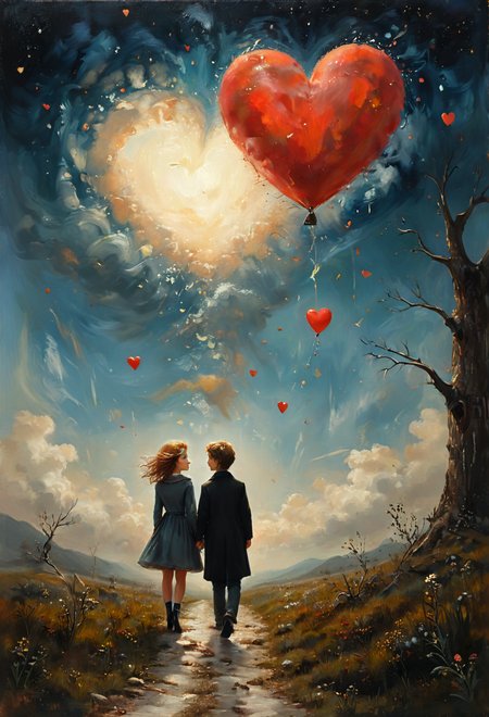 Oil painting, cute, colorful, vivid and whimsical, imaginative, surreal fantasy,  An epic image of unrequited lost love, ((dynamic angle, dynamic view, dynamic pose)), blurred background, 
<lora:add-detail-xl:1> ,  <lora:aidmaImageUpgraderSDXL-v0.3:0.75> aidmaimageupgrader,   <lora:xl_more_art-full_v1:1>,   <lora:tbh210-sdxl:0.35> style of Art Frahm,  <lora:tbh278-sdxl:0.30> style of Stephen Mackey,  <lora:tbh102-sdxl:0.45> style of Andreas Achenbach <lora:Flux-style-xl-lora:0.85> flux-style