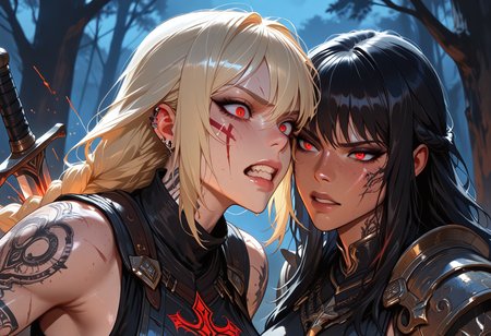 highres, very detailed, amazing quality, masterpiece,
very aesthetic,
particle effect, particle effects,

2girls, tan skin, warriror, knight, holy knight, long braided hair, Black hair, red eyes, perfect eyes, scars, scars on face, blonde highlights in hair, beautiful, Large breasts, perfect body, muscle tone, cross tattoo, cross tattoo on cheek, tattoos, arm tattoo, leg tattoo, neck tattoo, piercings, armor, tabard, red and black tabard, armor plating, jewelery, enchanted armor, engraved armor, curvy, 

fighting in a dark forest, foreshortening, intense, battle rage, anger, gritting teeth, night, at night, dark forest, dark, foggy, witchcraft symbols hanging from tree, symbols carved into trees, ritural markings, ominous, eerie,  

(action shot, sword fight, 2 swords hitting each other, crossed swords:1.1), ((Face Focus, close up))